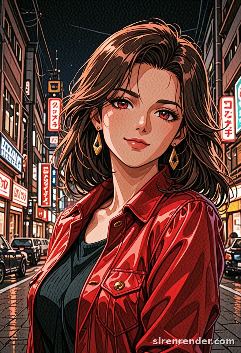 Retro 90s Portrait: 1990s-style anime portrait of a woman with wavy brown hair, red eyes, red jacket and gold earrings on a neon-lit city street at night, seed 11