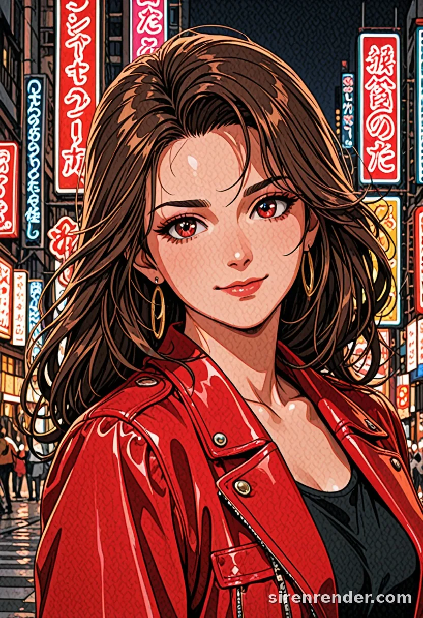 Retro 90s Portrait: 1990s-style anime portrait of a woman with wavy brown hair, red eyes, red jacket and gold earrings on a neon-lit city street at night, seed 22