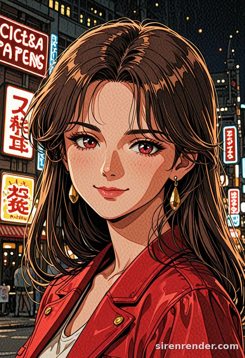 Retro 90s Portrait: 1990s-style anime portrait of a woman with wavy brown hair, red eyes, red jacket and gold earrings on a neon-lit city street at night, seed 33