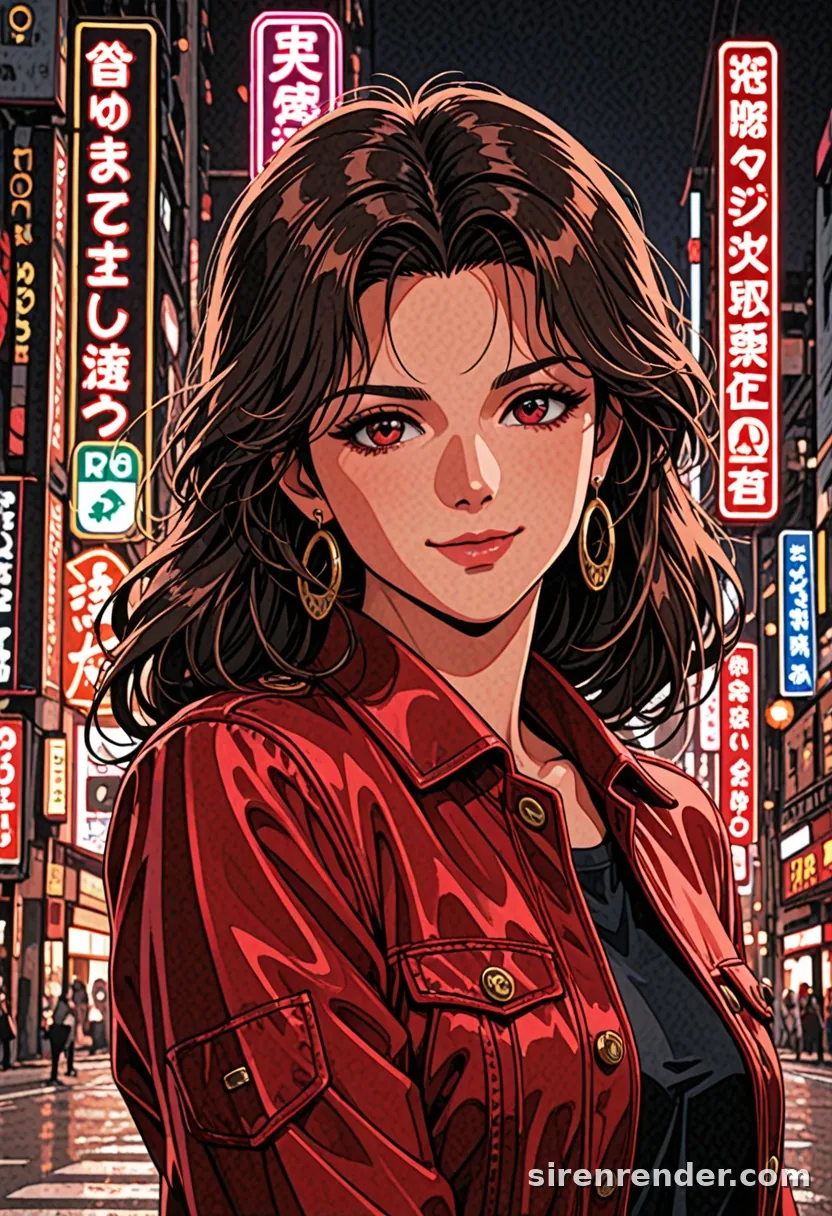 Retro 90s Portrait: 1990s-style anime portrait of a woman with wavy brown hair, red eyes, red jacket and gold earrings on a neon-lit city street at night, seed 44