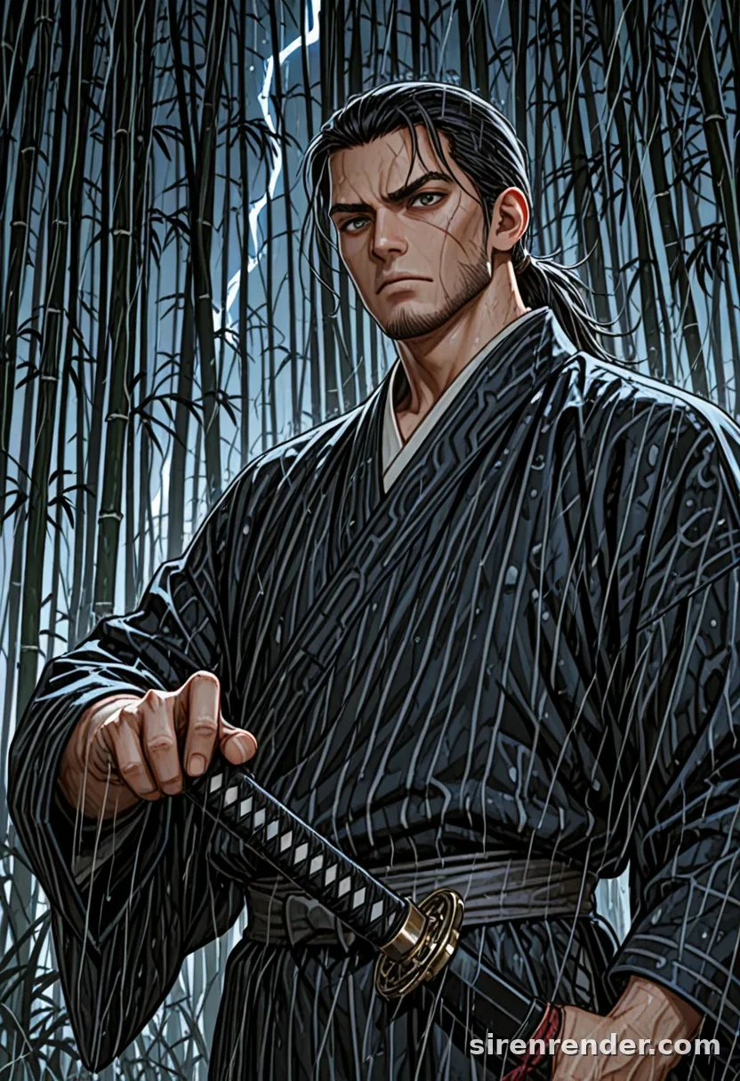 Ronin in the Rain: anime samurai man with a long black ponytail and stubble, dark kimono, hand on his katana in a bamboo forest at night in heavy rain with lightning, seed 11