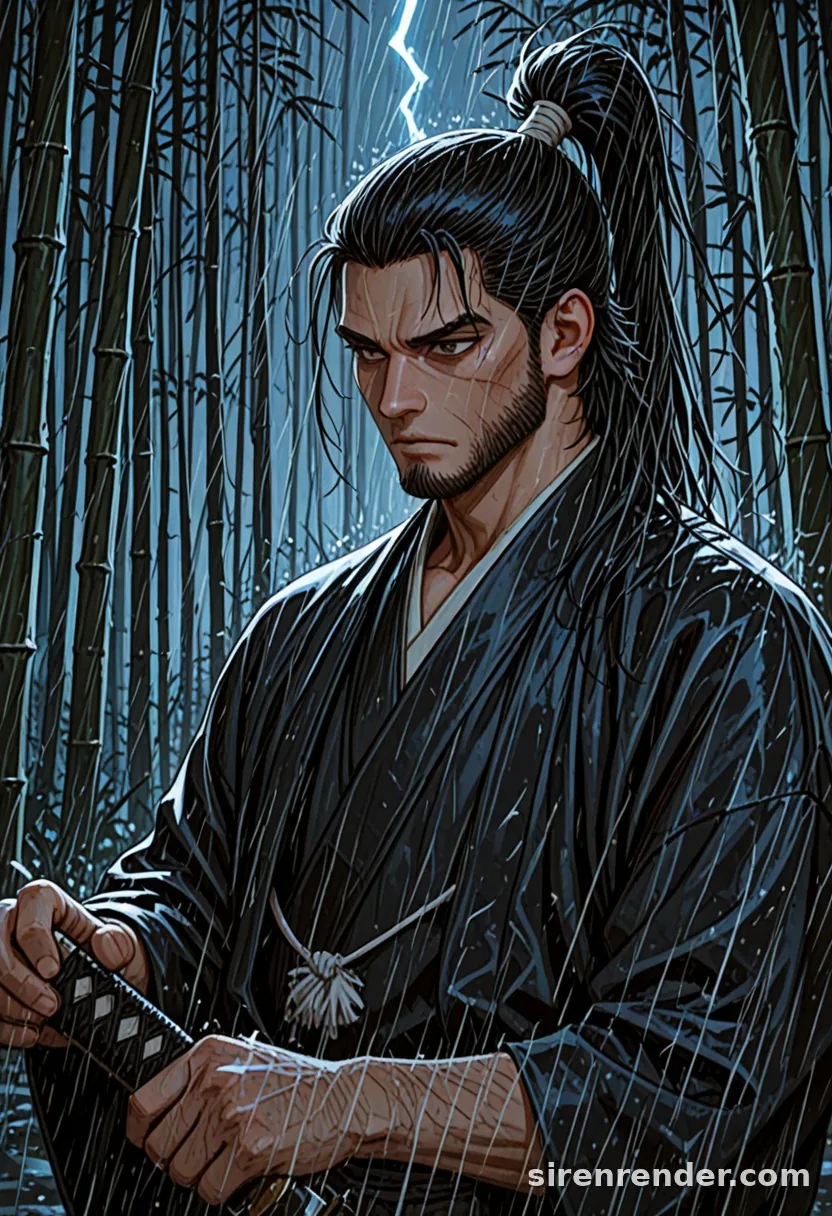 Ronin in the Rain: anime samurai man with a long black ponytail and stubble, dark kimono, hand on his katana in a bamboo forest at night in heavy rain with lightning, seed 22