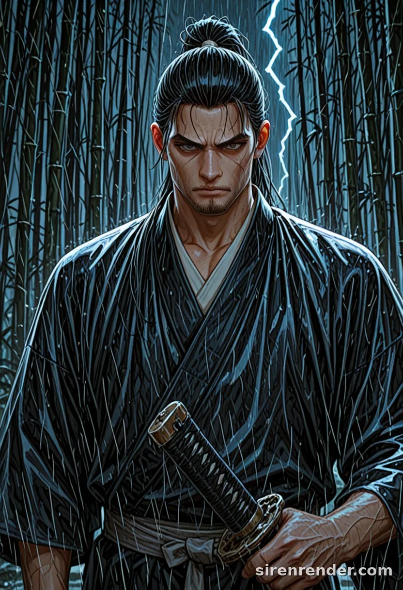Ronin in the Rain: anime samurai man with a long black ponytail and stubble, dark kimono, hand on his katana in a bamboo forest at night in heavy rain with lightning, seed 33