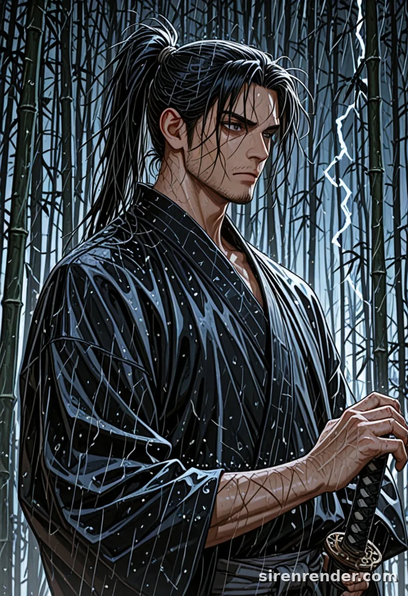 Ronin in the Rain: anime samurai man with a long black ponytail and stubble, dark kimono, hand on his katana in a bamboo forest at night in heavy rain with lightning, seed 44