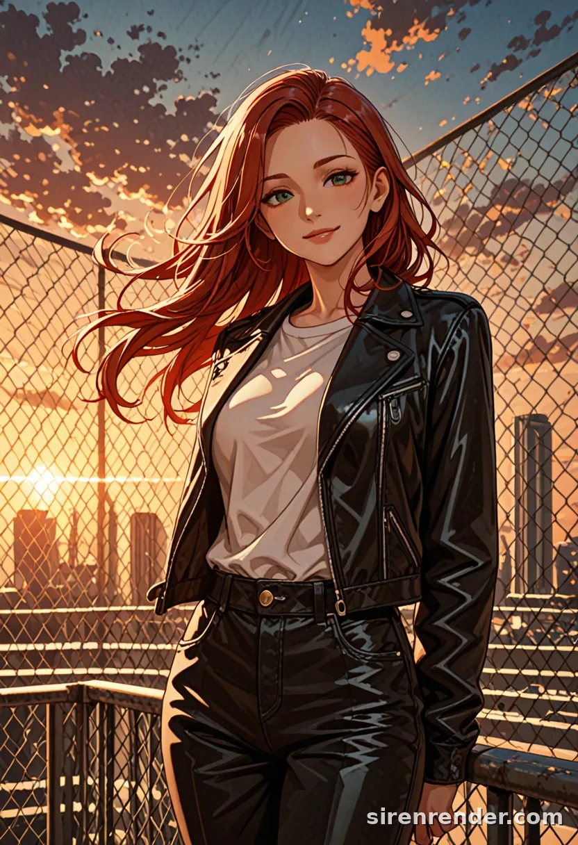Rooftop Sunset: anime woman with long red hair blowing in the wind, black leather jacket, on a city rooftop at sunset behind a chain-link fence, seed 11