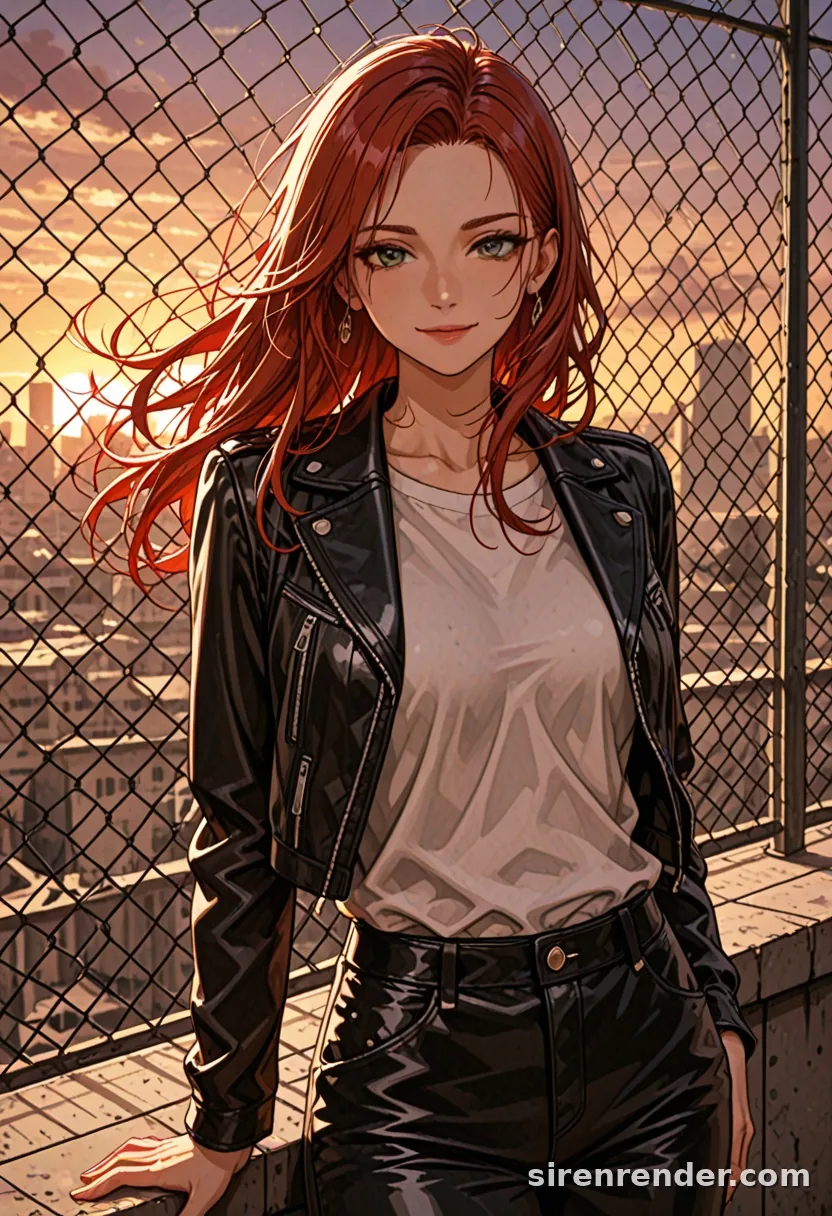 Rooftop Sunset: anime woman with long red hair blowing in the wind, black leather jacket, on a city rooftop at sunset behind a chain-link fence, seed 22