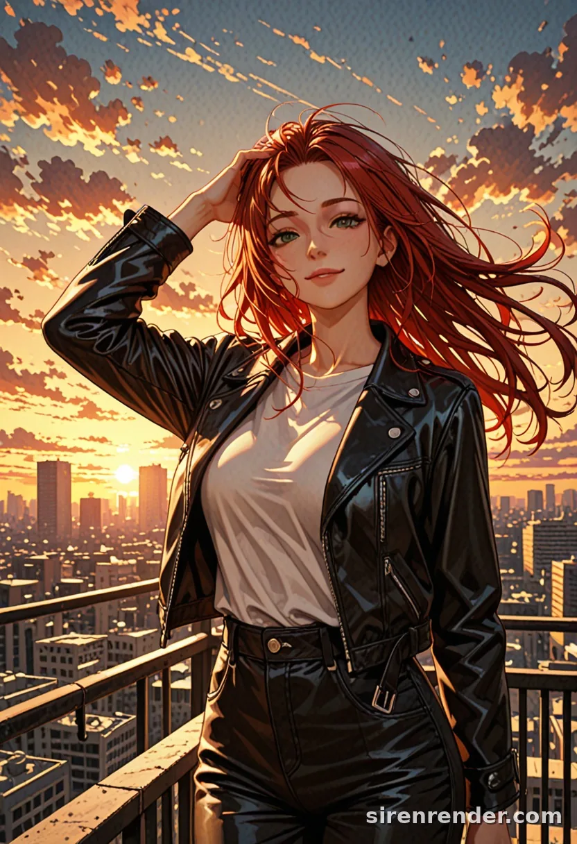 Rooftop Sunset: anime woman with long red hair blowing in the wind, black leather jacket, on a city rooftop at sunset behind a chain-link fence, seed 33