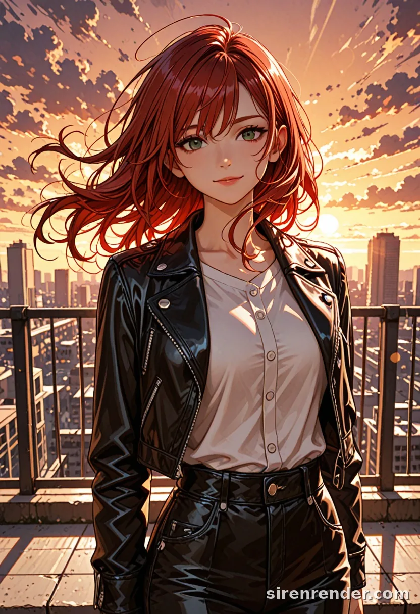 Rooftop Sunset: anime woman with long red hair blowing in the wind, black leather jacket, on a city rooftop at sunset behind a chain-link fence, seed 44