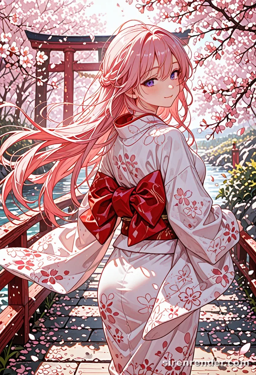 Sakura Wind: anime woman with long pink hair in a white kimono and red obi looking back on a bridge under falling cherry blossoms, seed 11