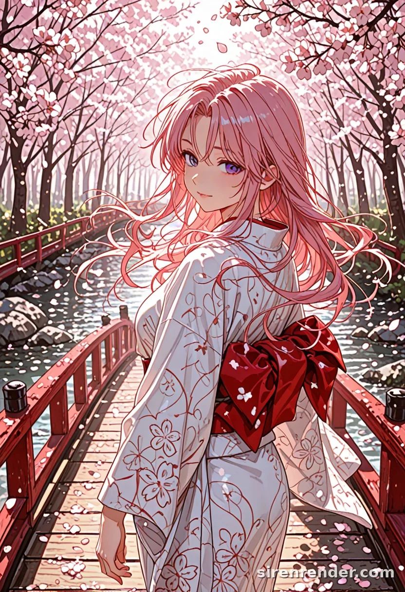 Sakura Wind: anime woman with long pink hair in a white kimono and red obi looking back on a bridge under falling cherry blossoms, seed 22
