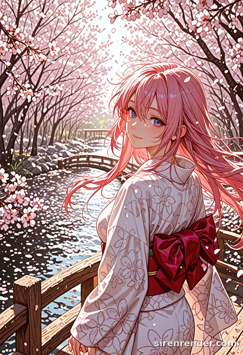 Sakura Wind: anime woman with long pink hair in a white kimono and red obi looking back on a bridge under falling cherry blossoms, seed 33