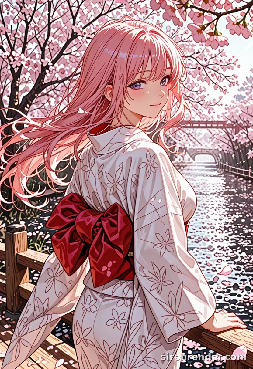 Sakura Wind: anime woman with long pink hair in a white kimono and red obi looking back on a bridge under falling cherry blossoms, seed 44
