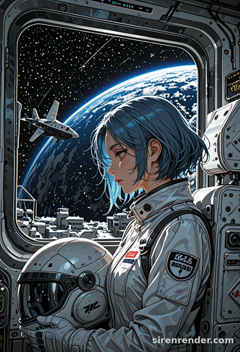 Starship Window: anime woman with short blue hair in a white flight suit holding a helmet, in profile at a space station window with Earth and a sunrise flare, seed 11