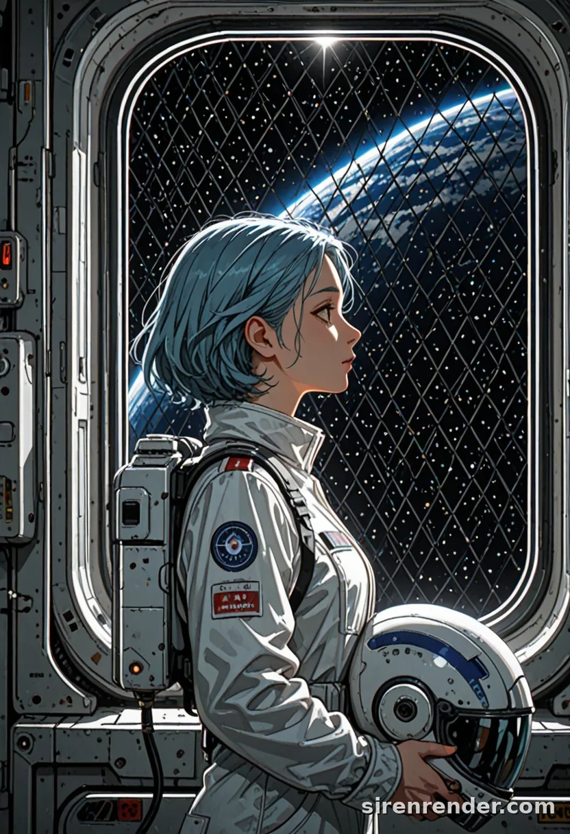 Starship Window: anime woman with short blue hair in a white flight suit holding a helmet, in profile at a space station window with Earth and a sunrise flare, seed 22