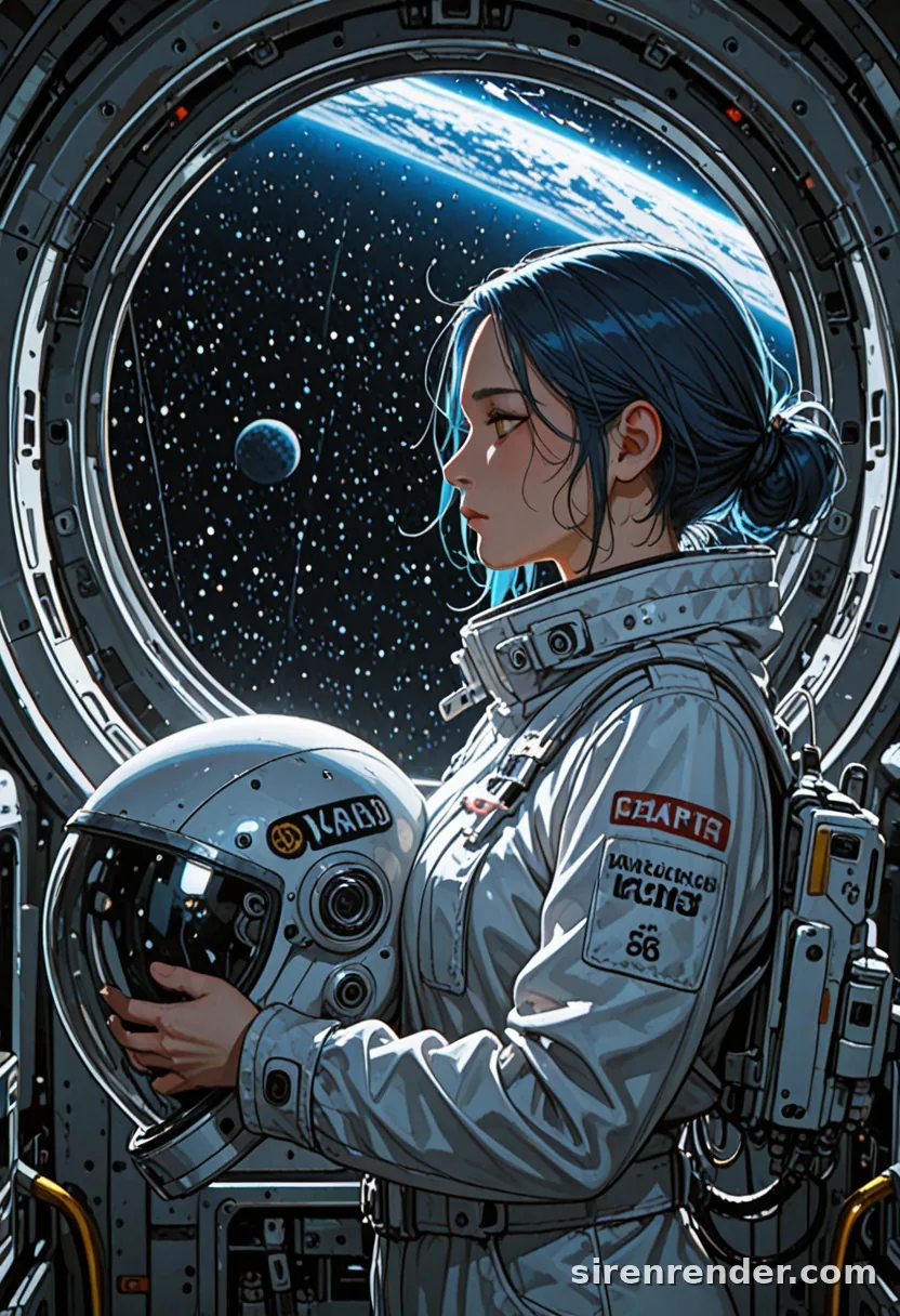 Starship Window: anime woman with short blue hair in a white flight suit holding a helmet, in profile at a space station window with Earth and a sunrise flare, seed 33