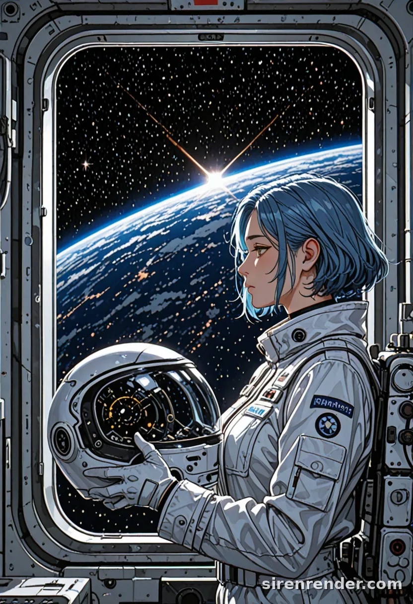 Starship Window: anime woman with short blue hair in a white flight suit holding a helmet, in profile at a space station window with Earth and a sunrise flare, seed 44