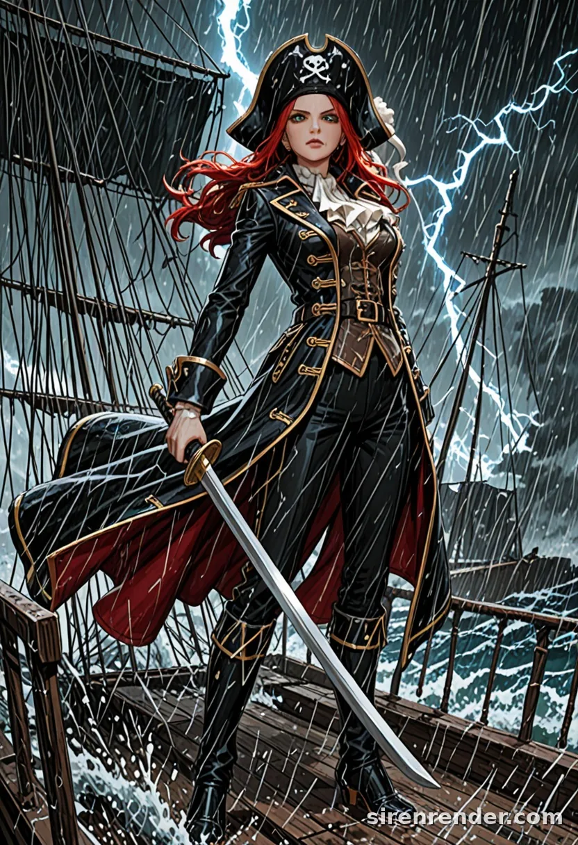 Storm Captain: anime pirate captain woman with long red hair, tricorn hat and long coat raising a sword on a ship deck in a lightning storm, seed 11