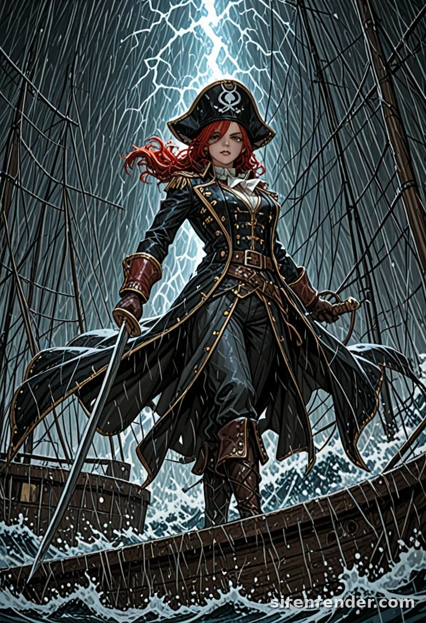Storm Captain: anime pirate captain woman with long red hair, tricorn hat and long coat raising a sword on a ship deck in a lightning storm, seed 22