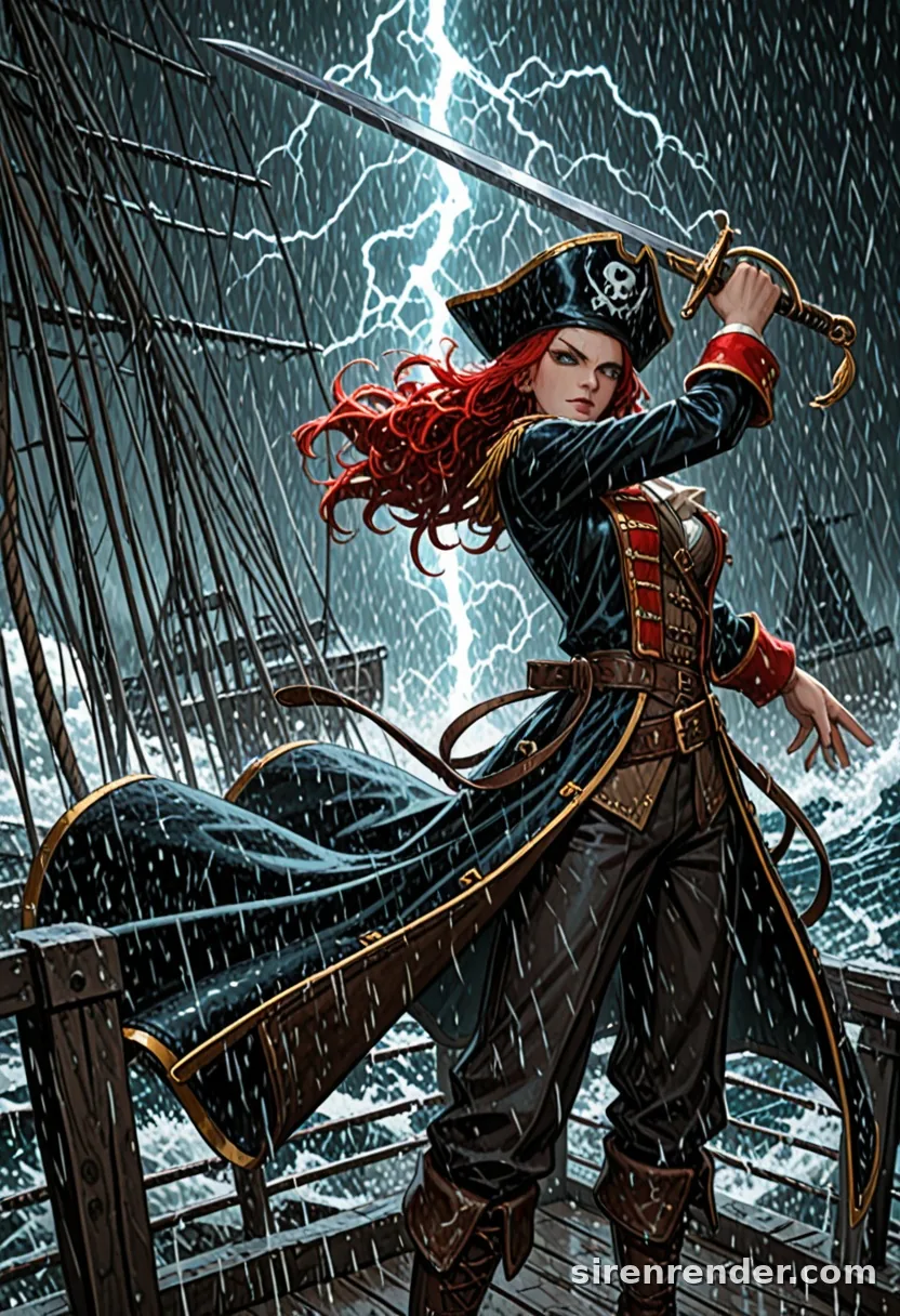 Storm Captain: anime pirate captain woman with long red hair, tricorn hat and long coat raising a sword on a ship deck in a lightning storm, seed 33