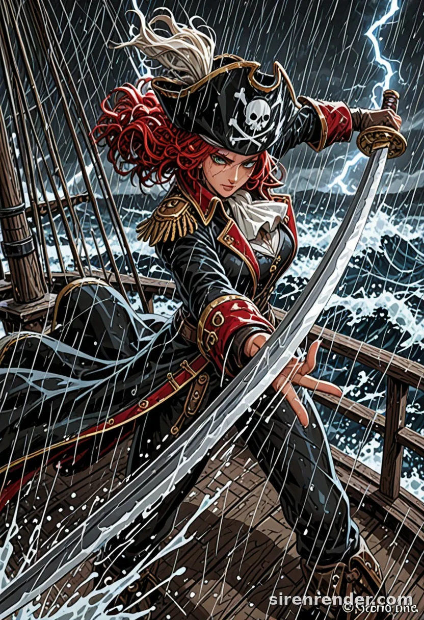Storm Captain: anime pirate captain woman with long red hair, tricorn hat and long coat raising a sword on a ship deck in a lightning storm, seed 44