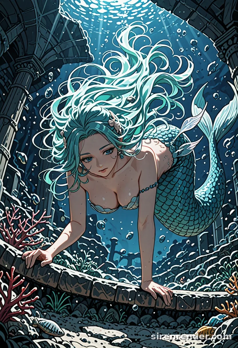 Sunken Ruins: anime mermaid with long aqua hair swimming through sunken stone ruins lit by light rays from the surface, seed 11