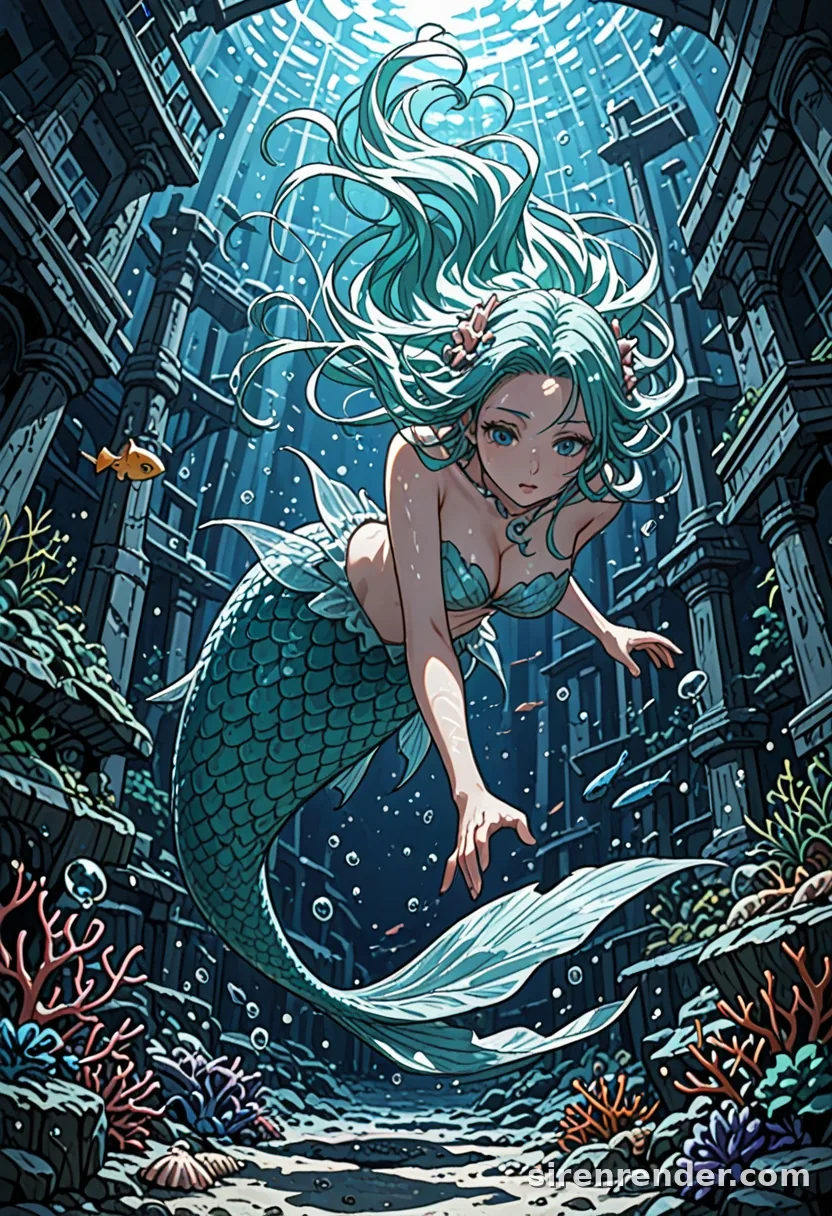 Sunken Ruins: anime mermaid with long aqua hair swimming through sunken stone ruins lit by light rays from the surface, seed 22