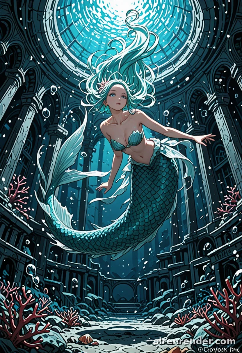 Sunken Ruins: anime mermaid with long aqua hair swimming through sunken stone ruins lit by light rays from the surface, seed 33