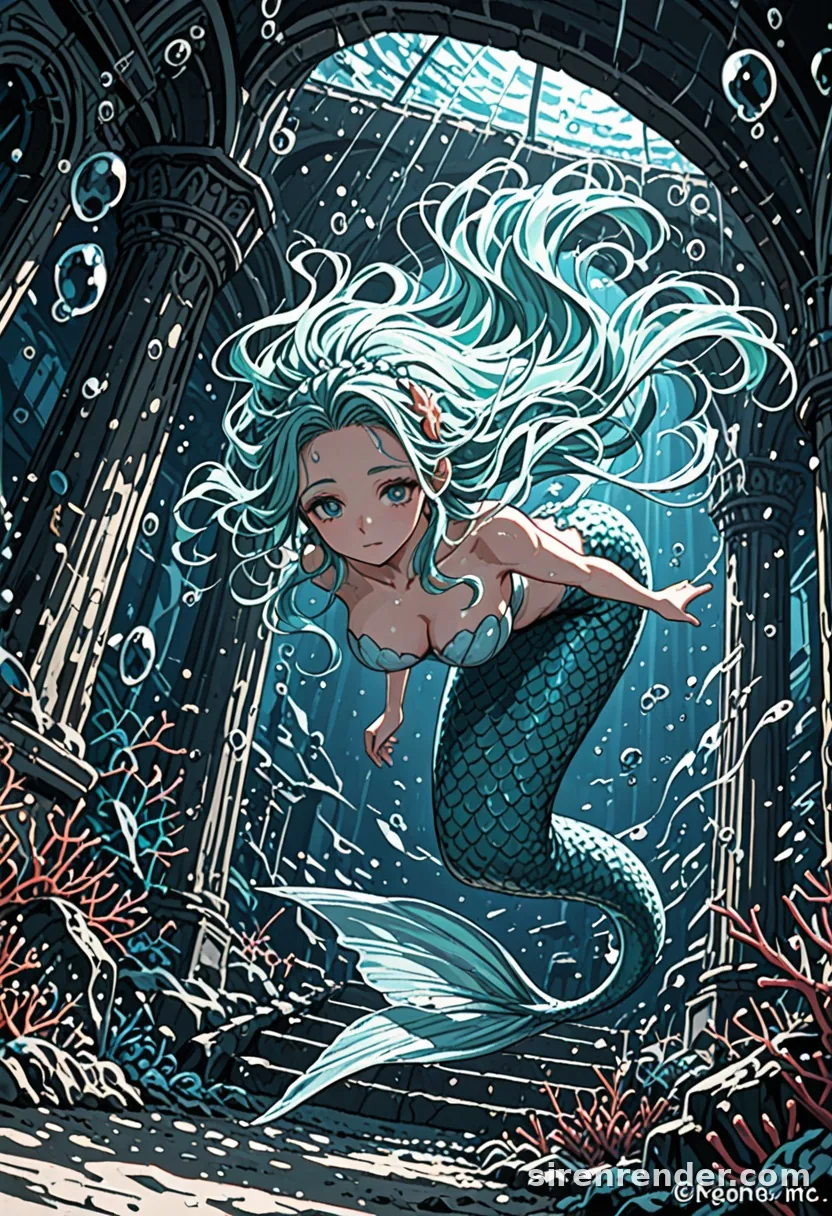 Sunken Ruins: anime mermaid with long aqua hair swimming through sunken stone ruins lit by light rays from the surface, seed 44