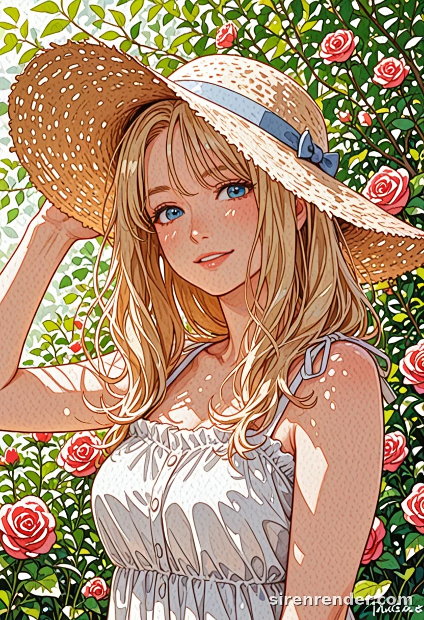 Rose Garden: anime woman with long blonde hair in a straw hat and white sundress smiling in front of a wall of red roses in sunlight, seed 11