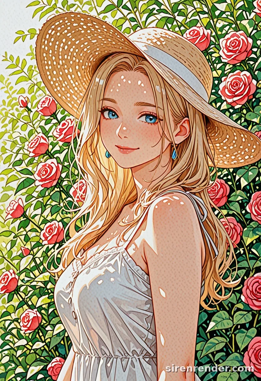 Rose Garden: anime woman with long blonde hair in a straw hat and white sundress smiling in front of a wall of red roses in sunlight, seed 22