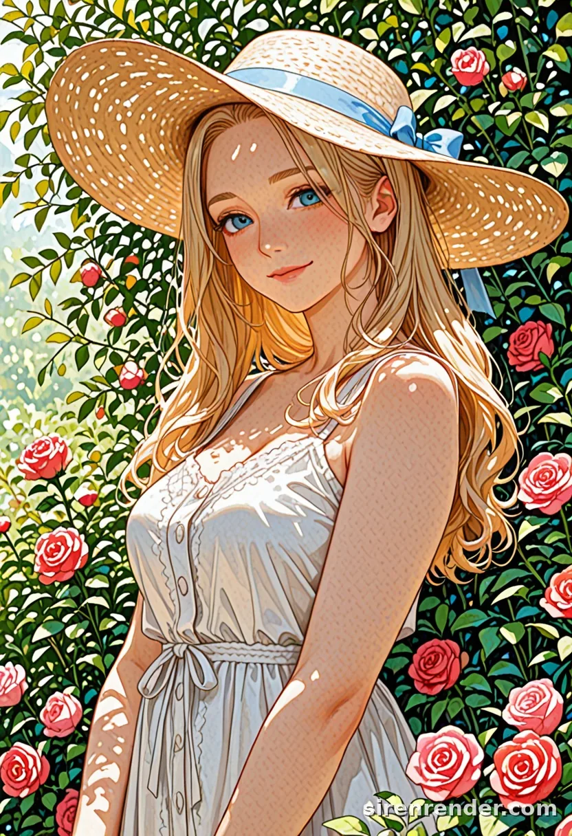 Rose Garden: anime woman with long blonde hair in a straw hat and white sundress smiling in front of a wall of red roses in sunlight, seed 33