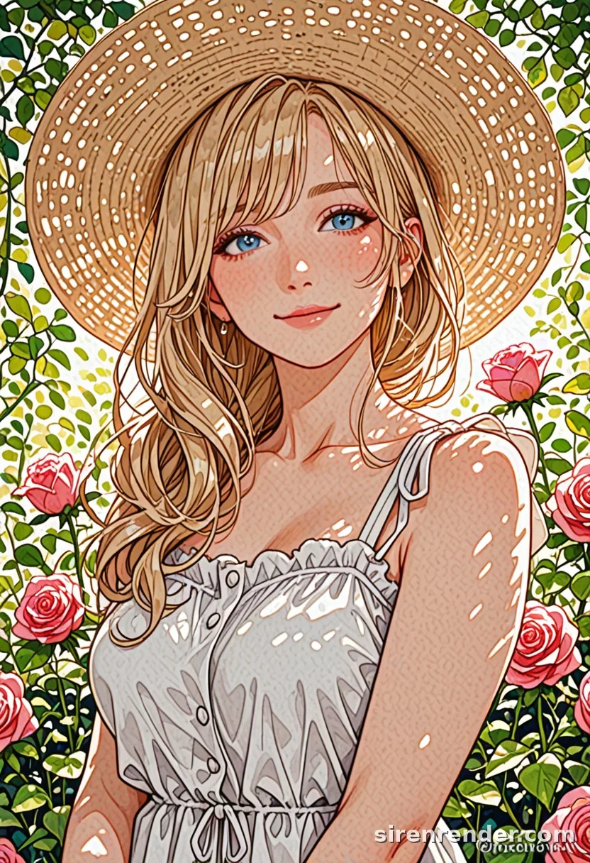Rose Garden: anime woman with long blonde hair in a straw hat and white sundress smiling in front of a wall of red roses in sunlight, seed 44