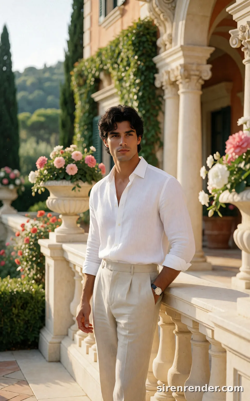 Italian Villa Editorial: man with wavy black hair in a white linen shirt and beige trousers leaning on a stone balustrade at an Italian villa with cypress trees and flower urns, seed 11