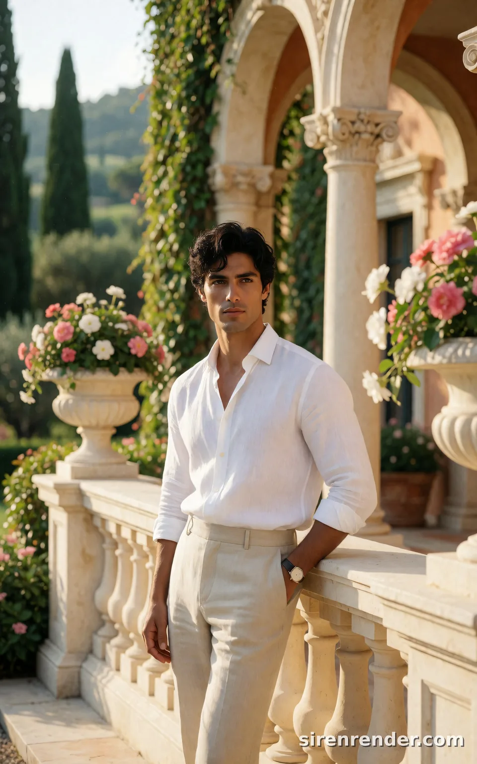 Italian Villa Editorial: man with wavy black hair in a white linen shirt and beige trousers leaning on a stone balustrade at an Italian villa with cypress trees and flower urns, seed 22