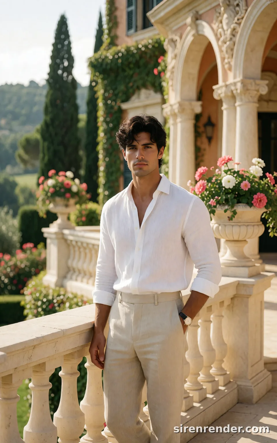 Italian Villa Editorial: man with wavy black hair in a white linen shirt and beige trousers leaning on a stone balustrade at an Italian villa with cypress trees and flower urns, seed 44