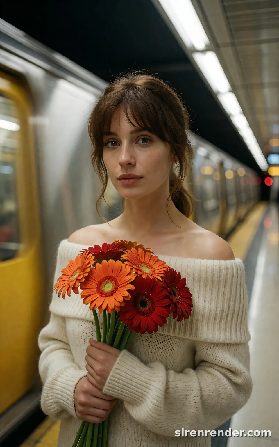 Subway Platform, Train in Motion: woman with chestnut hair and wispy bangs in a cream off-the-shoulder sweater holding orange and crimson gerbera daisies on a subway platform as a silver and yellow train blurs past, seed 11