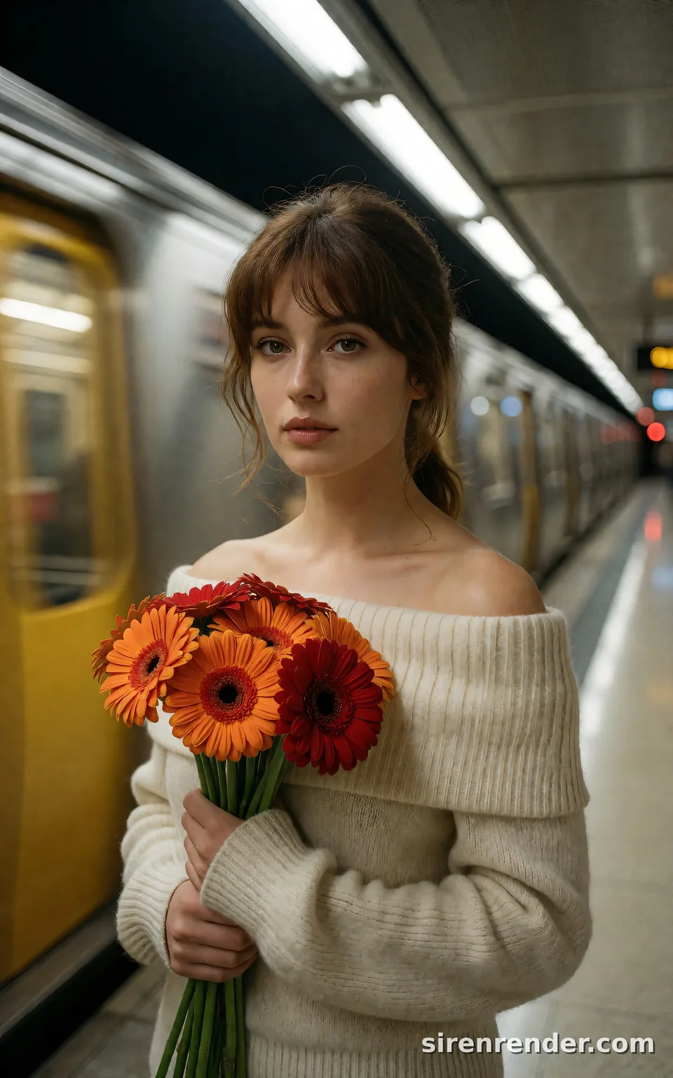 Subway Platform, Train in Motion: woman with chestnut hair and wispy bangs in a cream off-the-shoulder sweater holding orange and crimson gerbera daisies on a subway platform as a silver and yellow train blurs past, seed 22