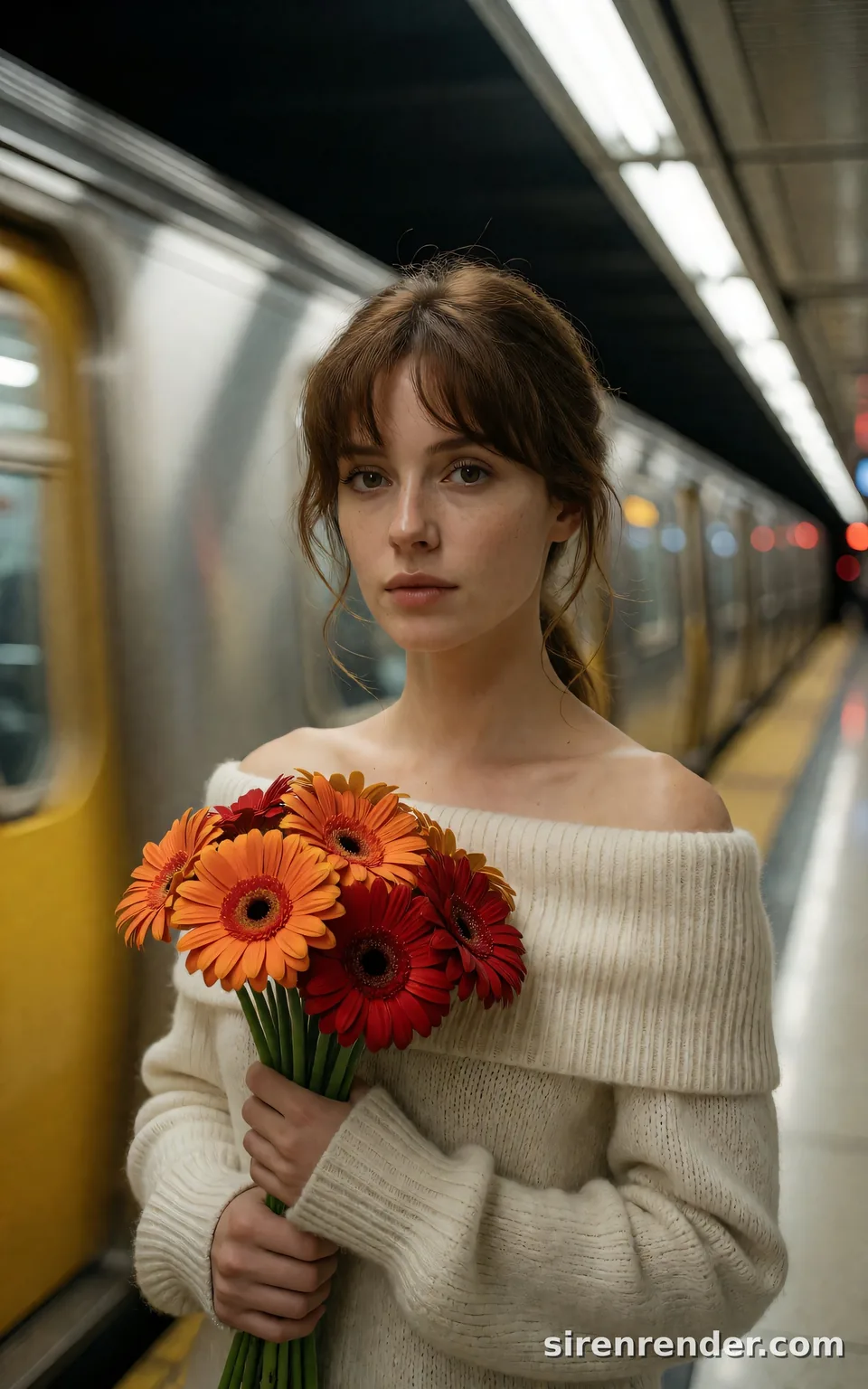 Subway Platform, Train in Motion: woman with chestnut hair and wispy bangs in a cream off-the-shoulder sweater holding orange and crimson gerbera daisies on a subway platform as a silver and yellow train blurs past, seed 44