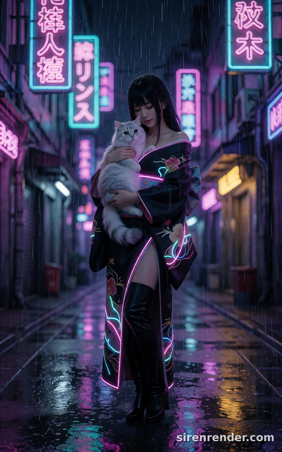Cyber Geisha in Neon Rain: woman in a black silk kimono with glowing neon embroidery holding a fluffy white and silver cat in a rainy neon-lit Tokyo alley at night, seed 11
