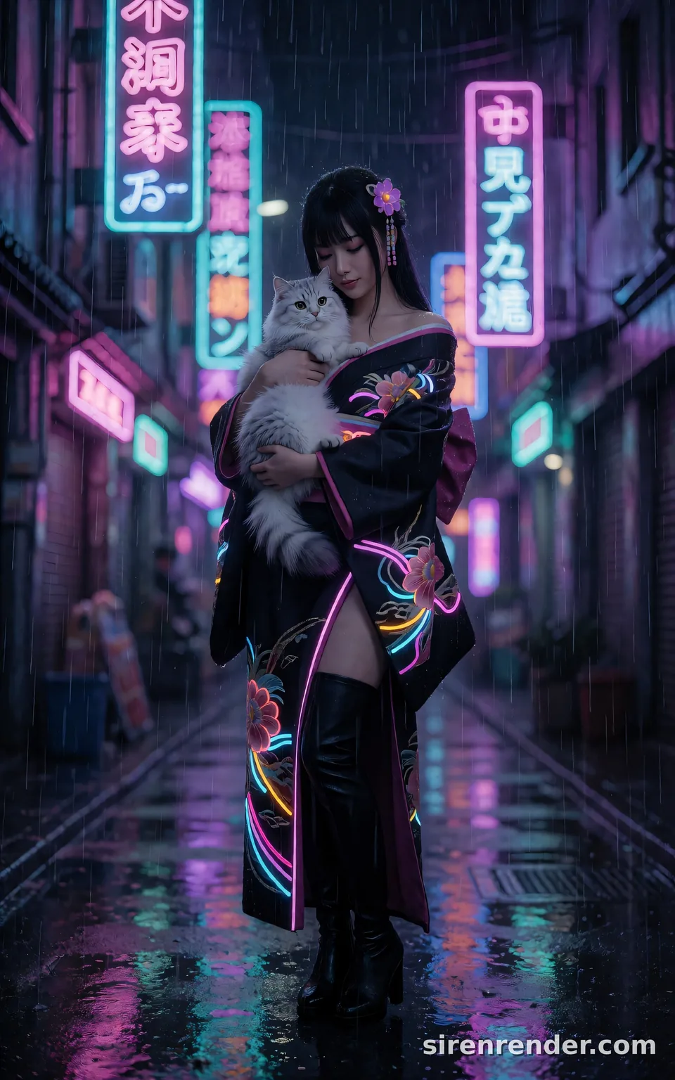 Cyber Geisha in Neon Rain: woman in a black silk kimono with glowing neon embroidery holding a fluffy white and silver cat in a rainy neon-lit Tokyo alley at night, seed 22