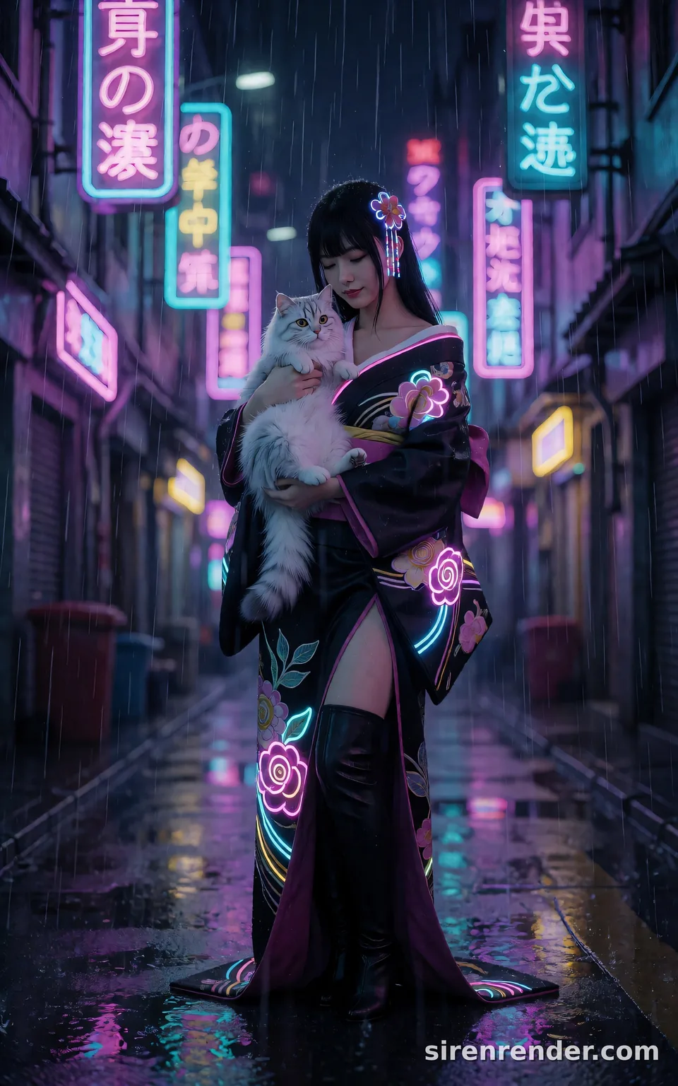 Cyber Geisha in Neon Rain: woman in a black silk kimono with glowing neon embroidery holding a fluffy white and silver cat in a rainy neon-lit Tokyo alley at night, seed 33