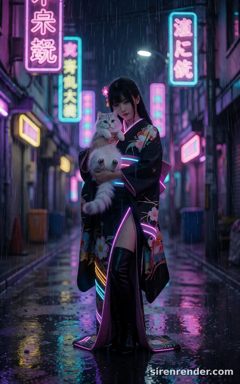 Cyber Geisha in Neon Rain: woman in a black silk kimono with glowing neon embroidery holding a fluffy white and silver cat in a rainy neon-lit Tokyo alley at night, seed 44