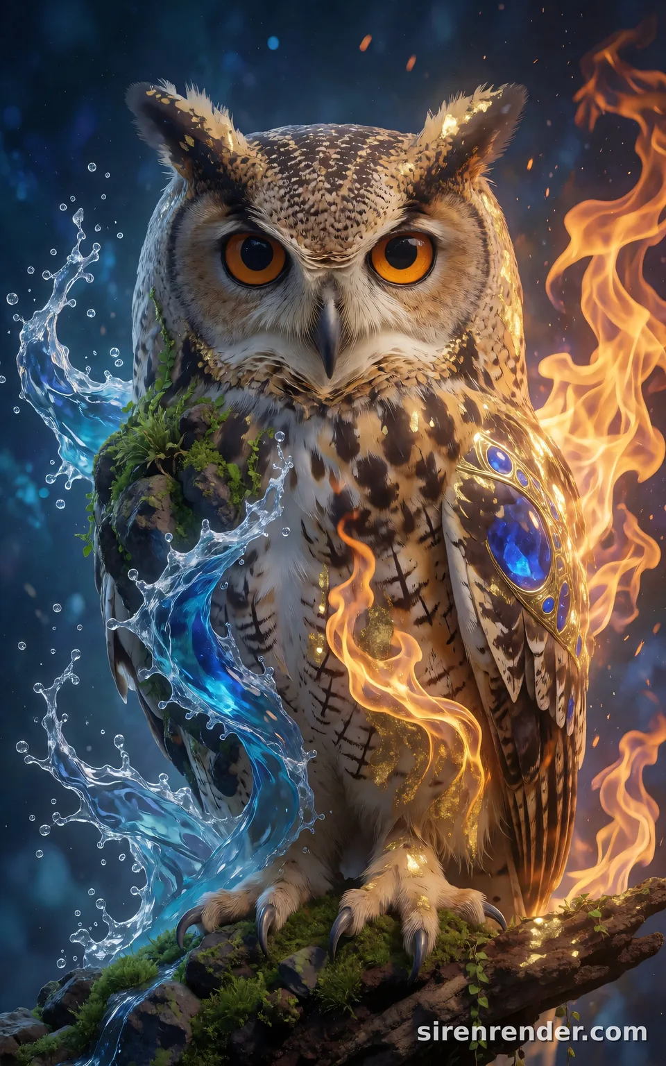 Elemental Fusion Owl: great horned owl on a mossy rock, wrapped in flames on one side and splashing water on the other, with gold filigree and sapphire gems set into its feathers, seed 11