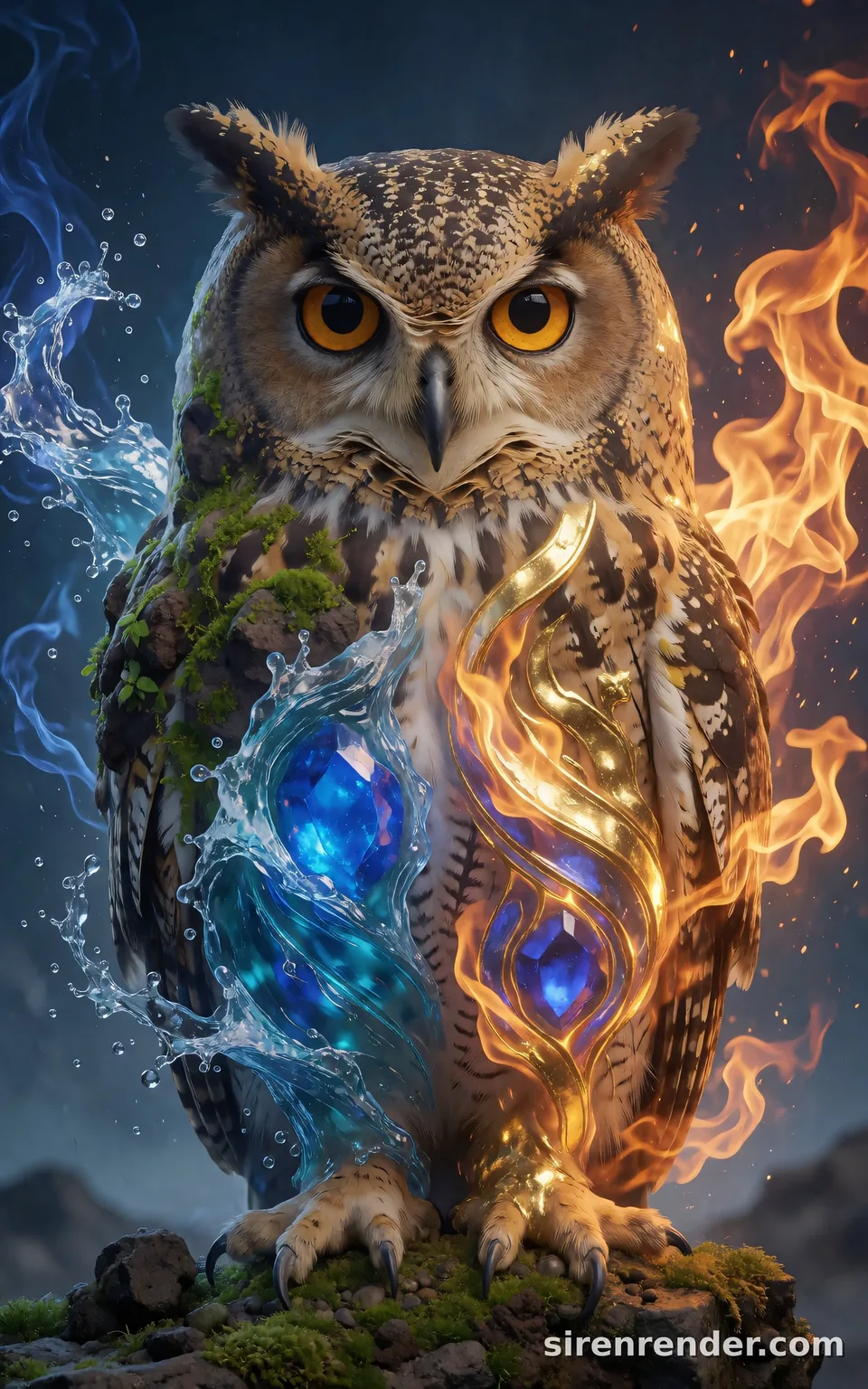 Elemental Fusion Owl: great horned owl on a mossy rock, wrapped in flames on one side and splashing water on the other, with gold filigree and sapphire gems set into its feathers, seed 22