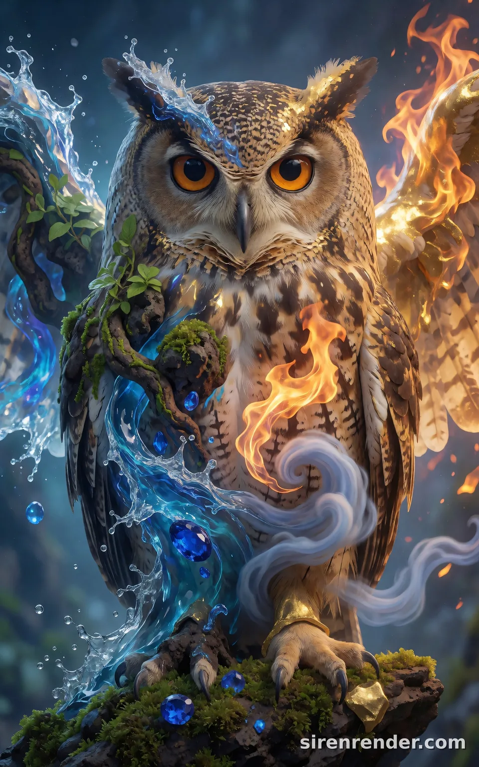 Elemental Fusion Owl: great horned owl on a mossy rock, wrapped in flames on one side and splashing water on the other, with gold filigree and sapphire gems set into its feathers, seed 33