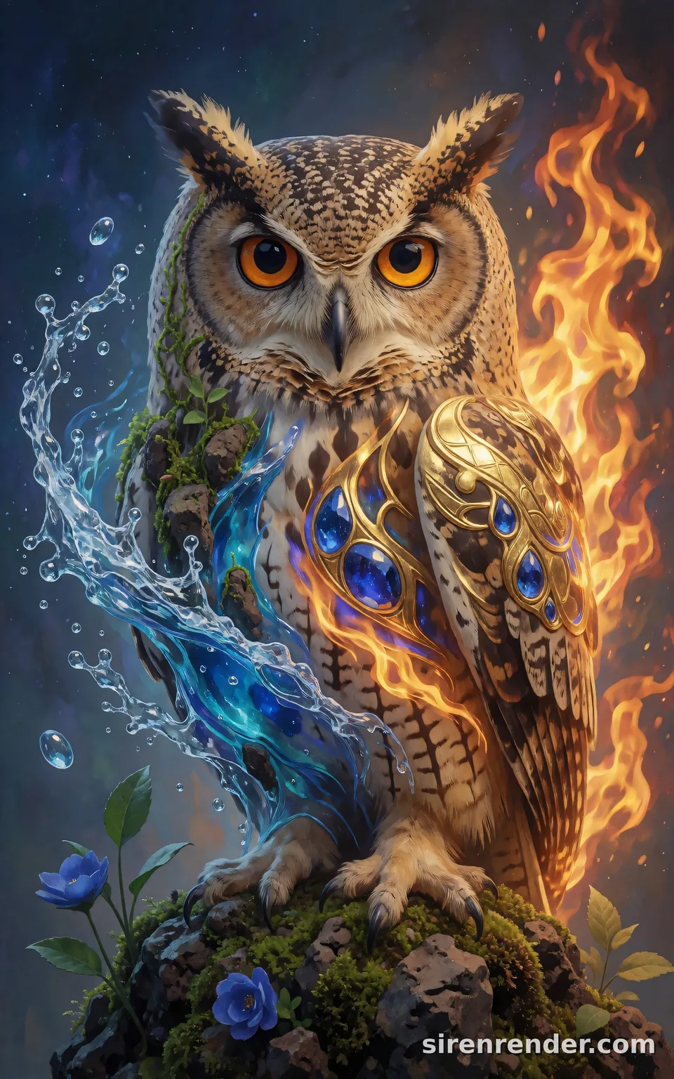Elemental Fusion Owl: great horned owl on a mossy rock, wrapped in flames on one side and splashing water on the other, with gold filigree and sapphire gems set into its feathers, seed 44