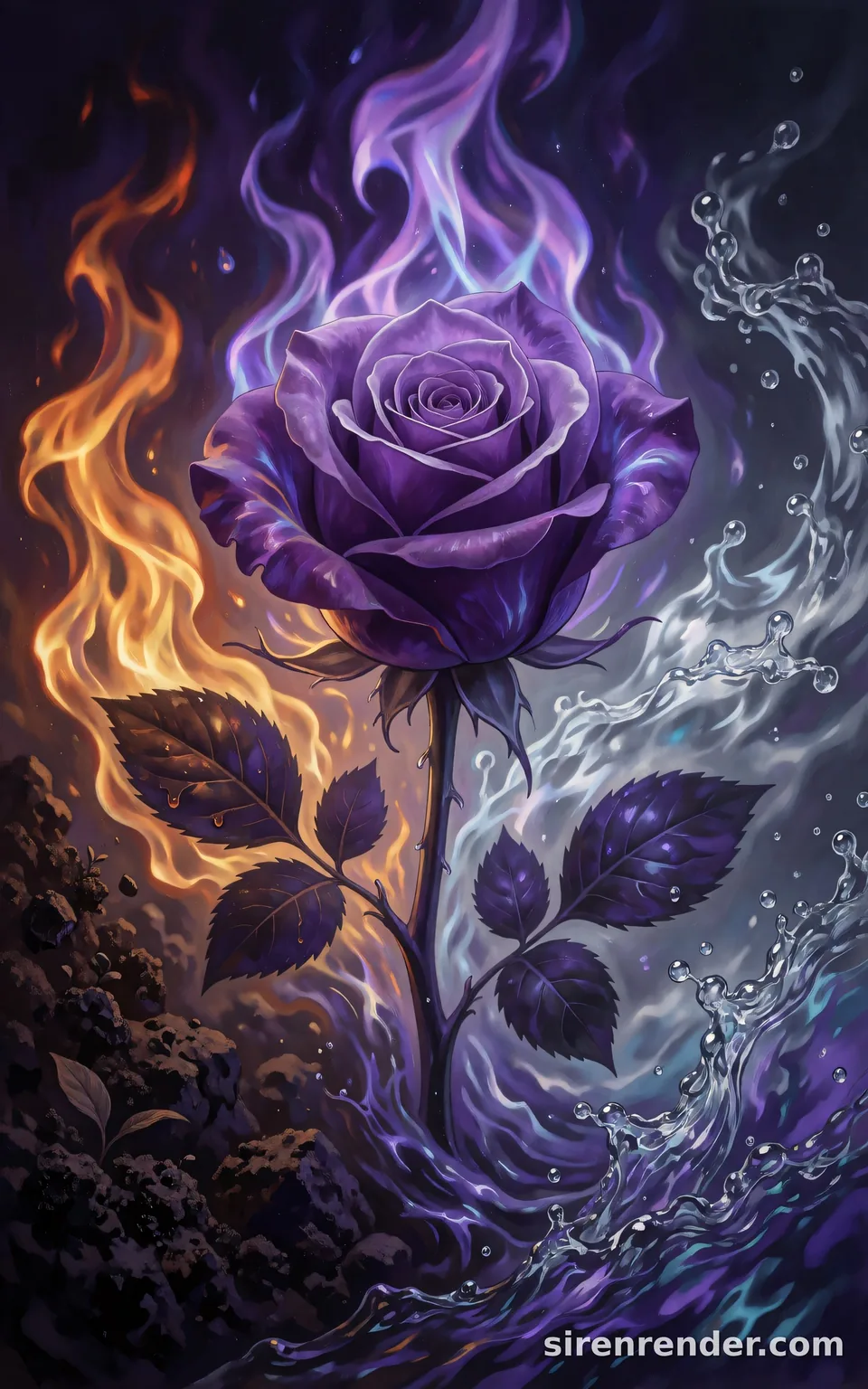 Elemental Fusion Rose: painted violet rose wrapped in orange flames on one side and swirling silver water on the other, rising from dark earth, seed 11
