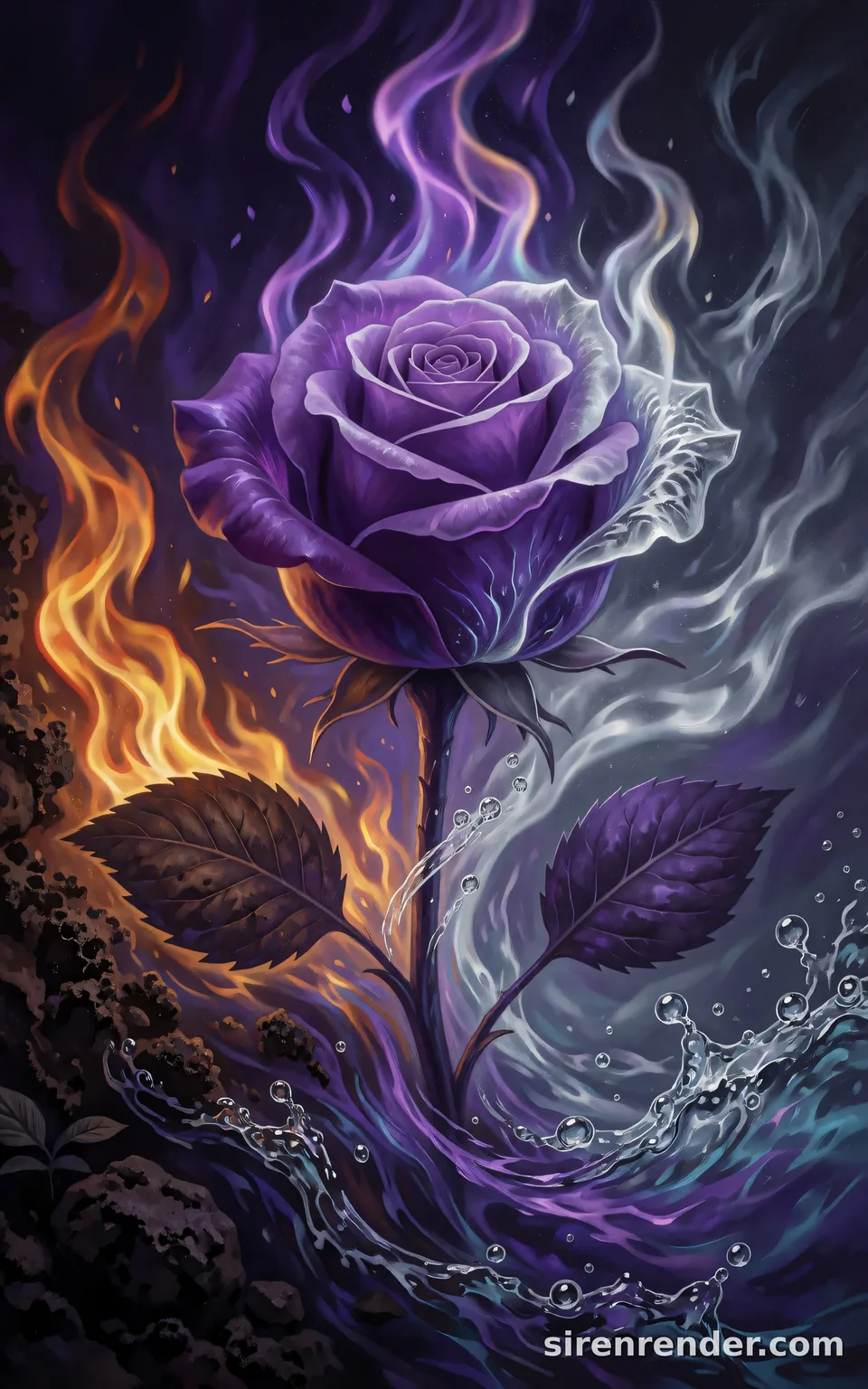 Elemental Fusion Rose: painted violet rose wrapped in orange flames on one side and swirling silver water on the other, rising from dark earth, seed 22