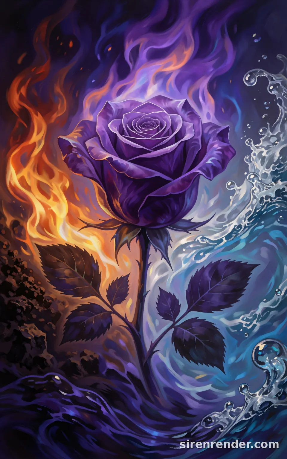 Elemental Fusion Rose: painted violet rose wrapped in orange flames on one side and swirling silver water on the other, rising from dark earth, seed 33