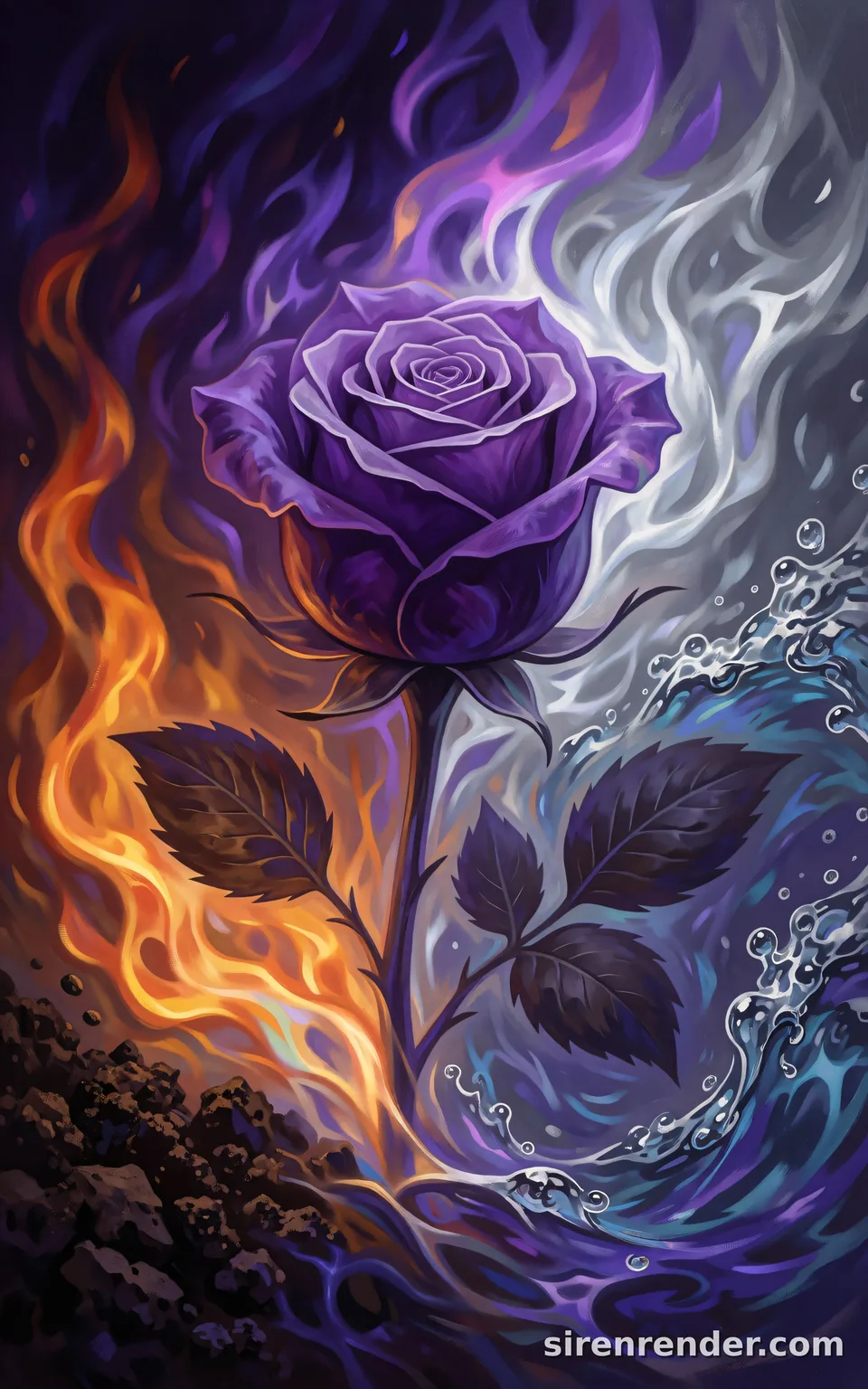 Elemental Fusion Rose: painted violet rose wrapped in orange flames on one side and swirling silver water on the other, rising from dark earth, seed 44